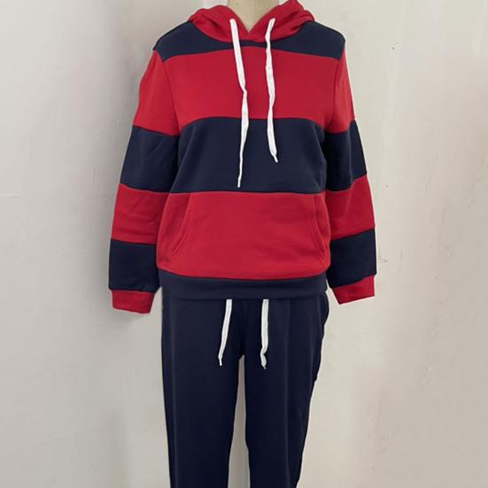 2 Pcs/Set Women Hoodie Pants Set Elastic Waist Striped Color Matching Hooded Long Sleeves Warm Drawstring Plus