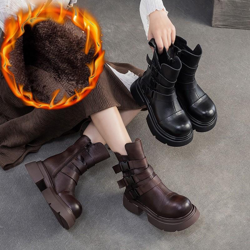 Johnature Plush Warm British Style Mid-calf Boots Genuine Leather Thick Soled Women's Shoes