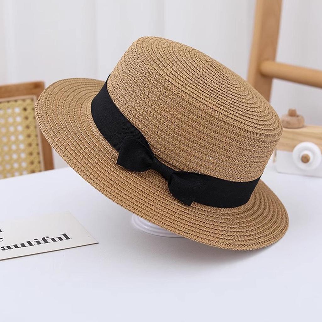 Women's French Summer Straw Hat, Large Brim, Ribbon, Flat Top, Outdoor Travel Sun Protection