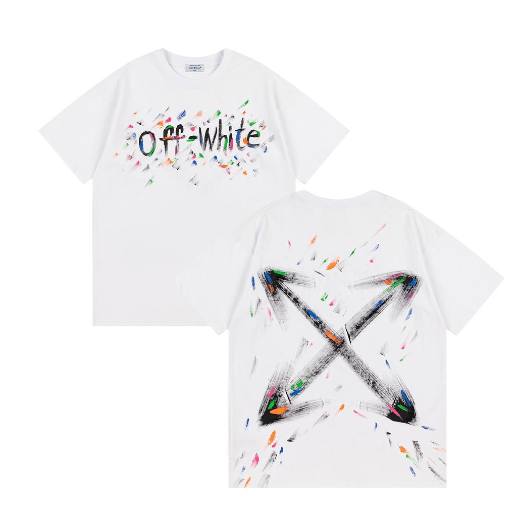 9068 Off-White 2025 Spring/Summer New Colorful Letter Arrow Pattern Round Neck Hooded Short Sleeved Men's and Women's T-shirts