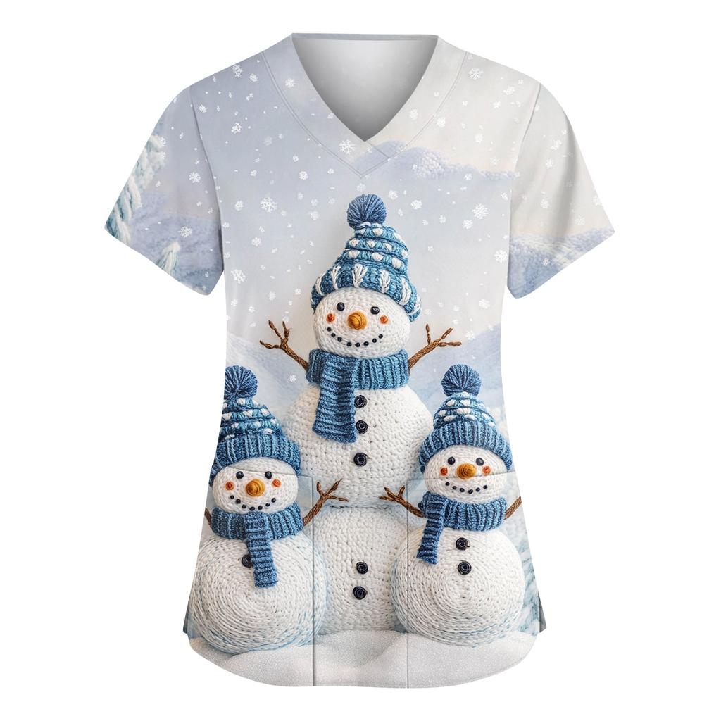 Женский модный рабочий топ с V-образным вырезом, рождественским принтом, короткими рукавами, карманом, боковым разрезом, базовый пуловер