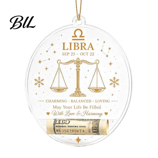 Acrylic Decorative Pendants Christmas Tree Money Holder Pendant, Transparent Round Hanging Ornament, 12 Decor Zodiac Signs Theme Accent for