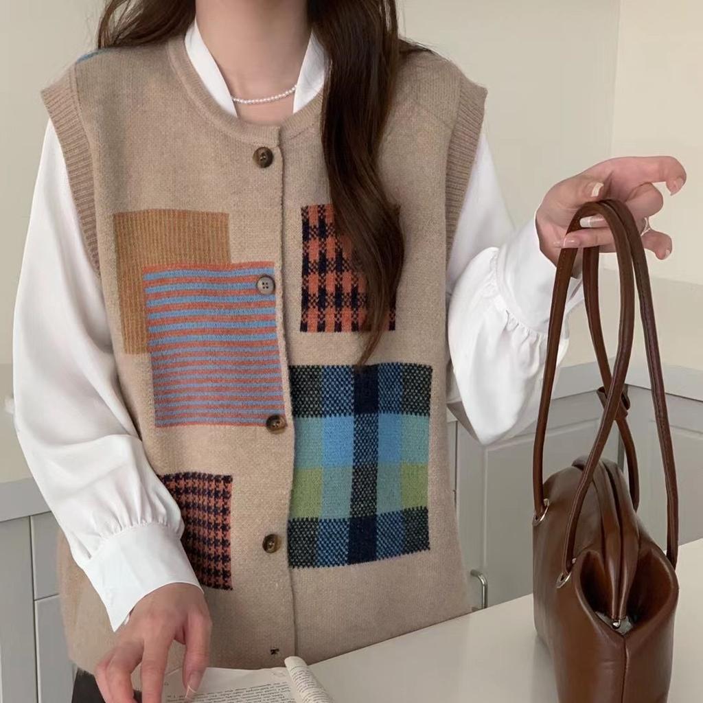 DIMANAF 2024 зима-осень женский клетчатый жилет без рукавов вязаный модный свободный свитер оверсайз в повседневном стиле