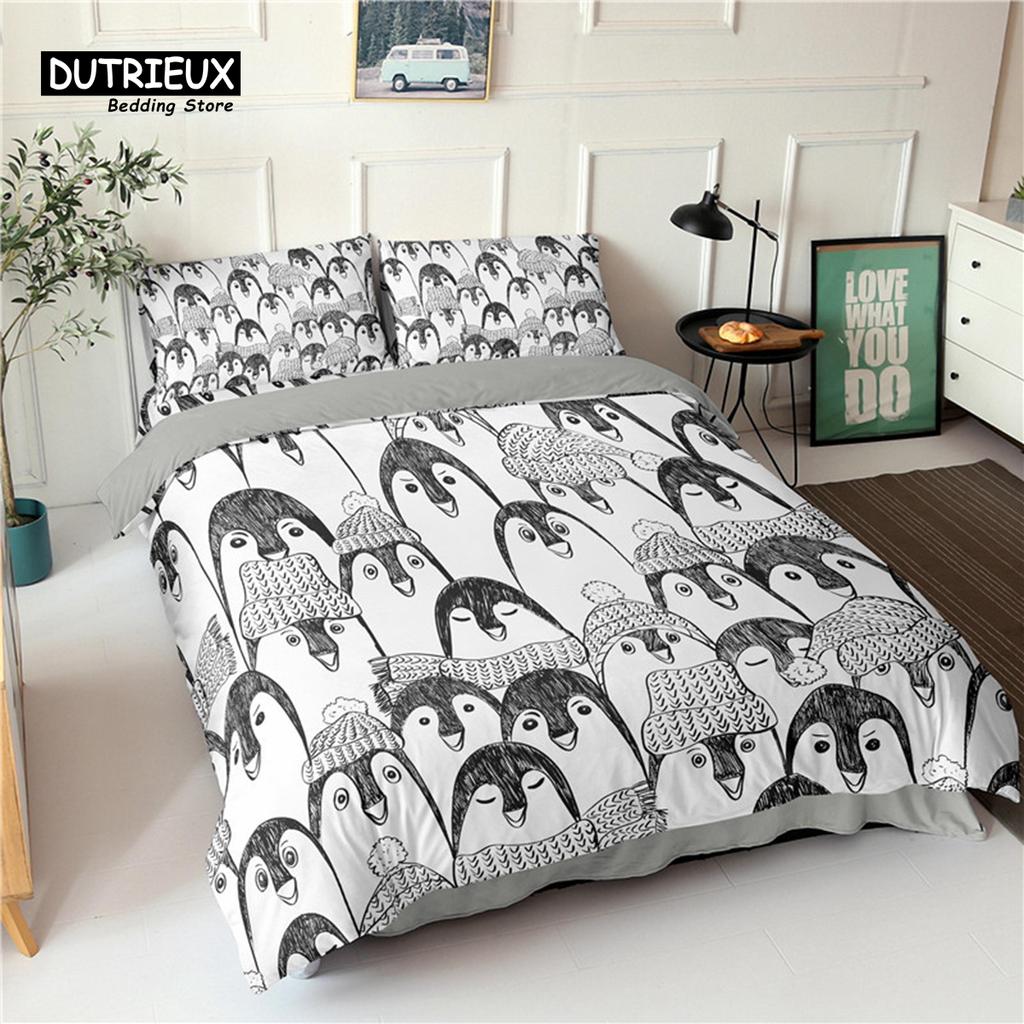 Пододеяльник с изображением пингвина, мультяшные животные, комплект постельного белья для малышей, детей и подростков, пододеяльник с изображением медведя и наволочками, декор для спальни