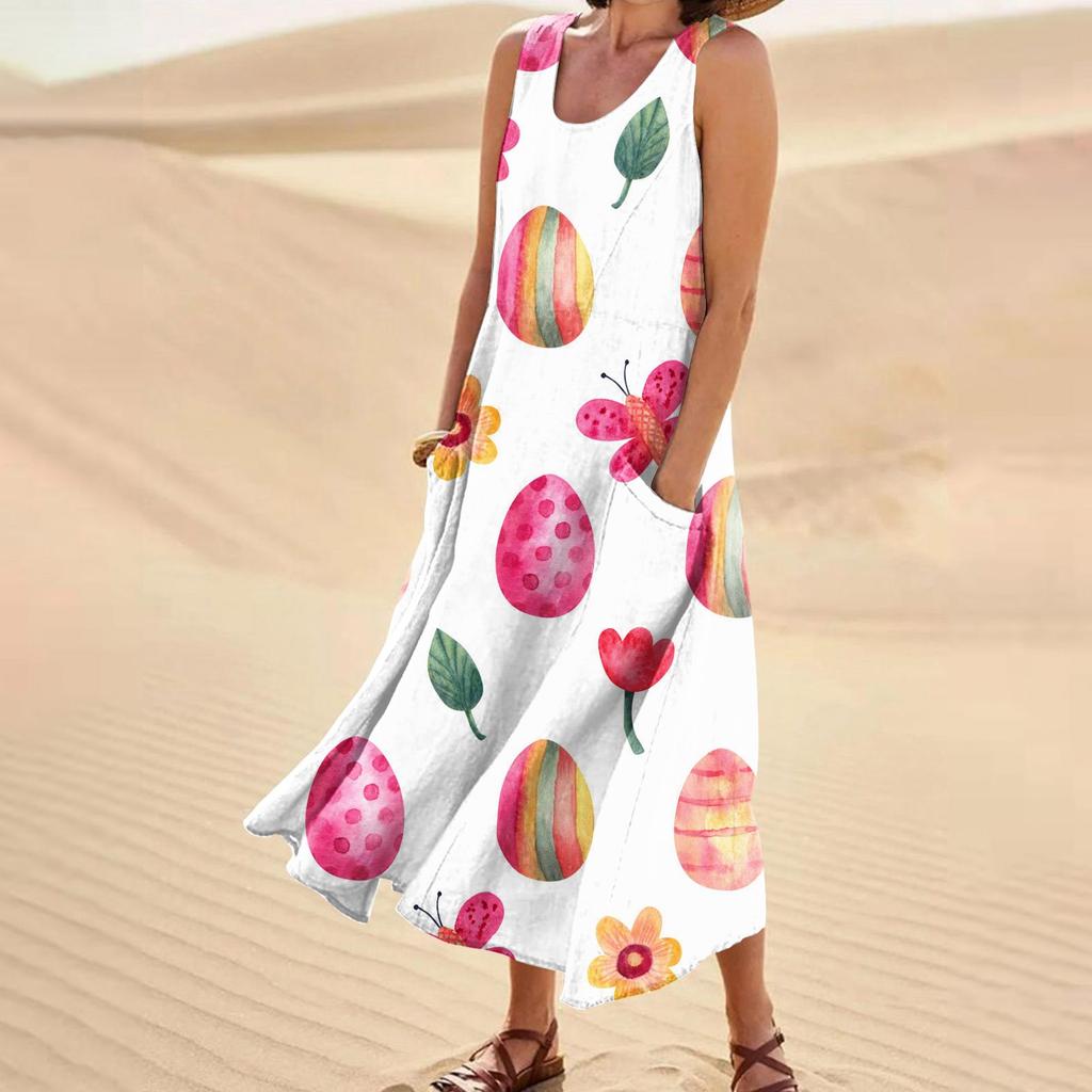 Women's Summer Casual Fashion Easter Printed Sleeveless Round Neck Pocket Dress