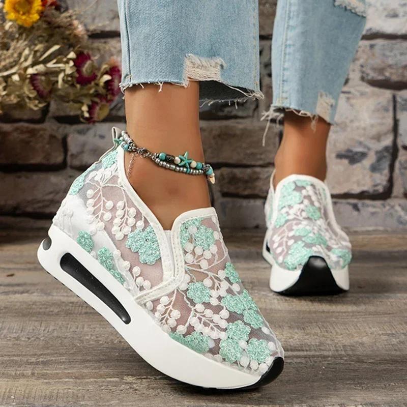 Fashion Fashion Embroidery Loafers Shoes for Women Summer Breathable Mesh Platform Sneakers Woman Comfortable Slip On Casual Shoes35-42