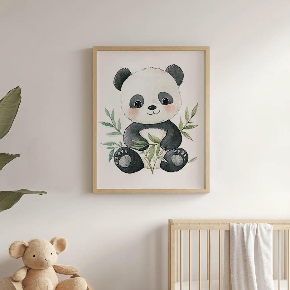 Poster Cute Panda Among Leaves Poster Cute Panda Among Leaves, 30X40 Cm, Black Aluminum Frame, 230 Gsm Matte Paper