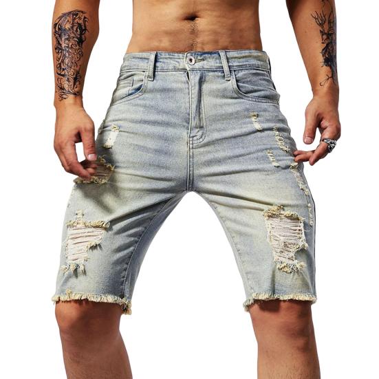 Men Denim Shorts Straight Tapered Legs Ripped Holes Design Knee-Length Shorts Versatile
