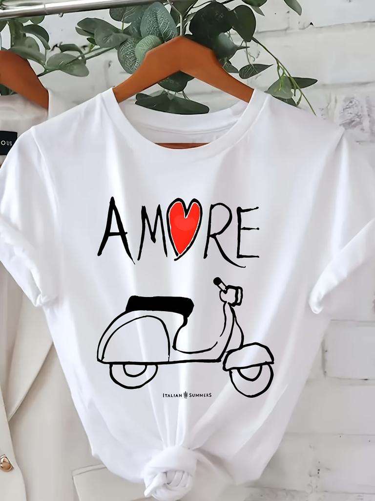 Европейские размеры Женская футболка Amore с коротким рукавом - Минималистичный принт, Топ с круглым вырезом, Повседневная блузка для весенне-летнего гардероба