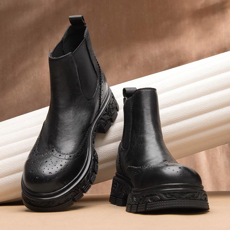 Chelsea Boots Men'S Boots Leather High-Top British Carved Brock National Style Short Boots Autumn And Winter Thick-Soled Cowhide Boots