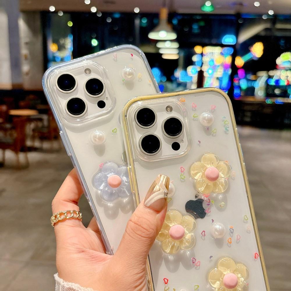 INS Корея 3D Цветок 2 В 1 Прозрачный Чехол для Телефона для iPhone 17 16 12 13 14 15 Pro Max Ударопрочная Рамка Прозрачная Мягкая Крышка