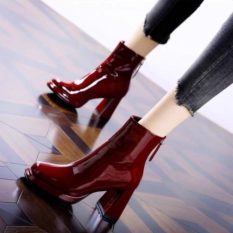 Ботильоны на платформе с высоким каблуком, женские туфли с квадратным носком, челси, глянцевая кожа, зима, снег 2024, тренд, роскошь, вечеринка, Botas Mujer
