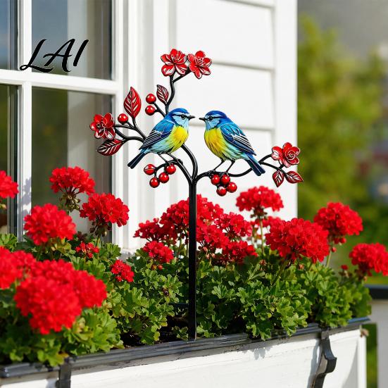 Ground Stake Metal Bird Garden Decor Weather Resistant Printed Flat Yard Art Ornament Rustproof Planter Durable Outdoor Lawn Decor Pot Insert