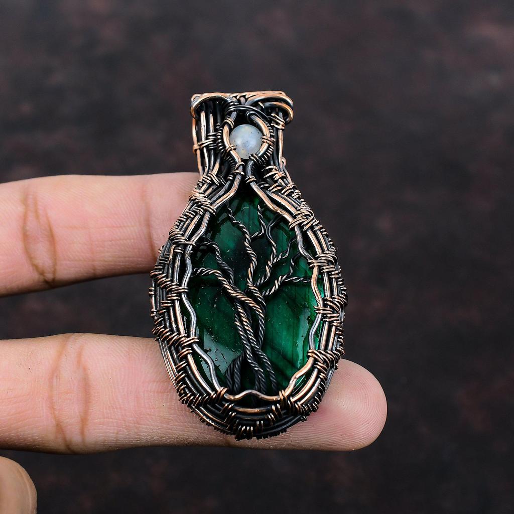 Tree Of Life Green Fire Labradorite Pendant Copper Wire Wrapped Pendant Rainbow Moonstone Pendant Handmade Gemstone Pendant Anniversary Gift