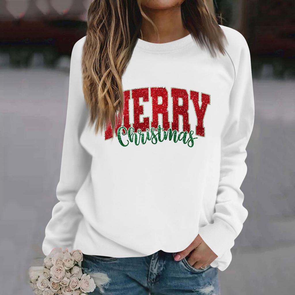 Женские футболки, свободные, модные и повседневные толстовки с круглым вырезом и длинными рукавами с рождественским принтом
