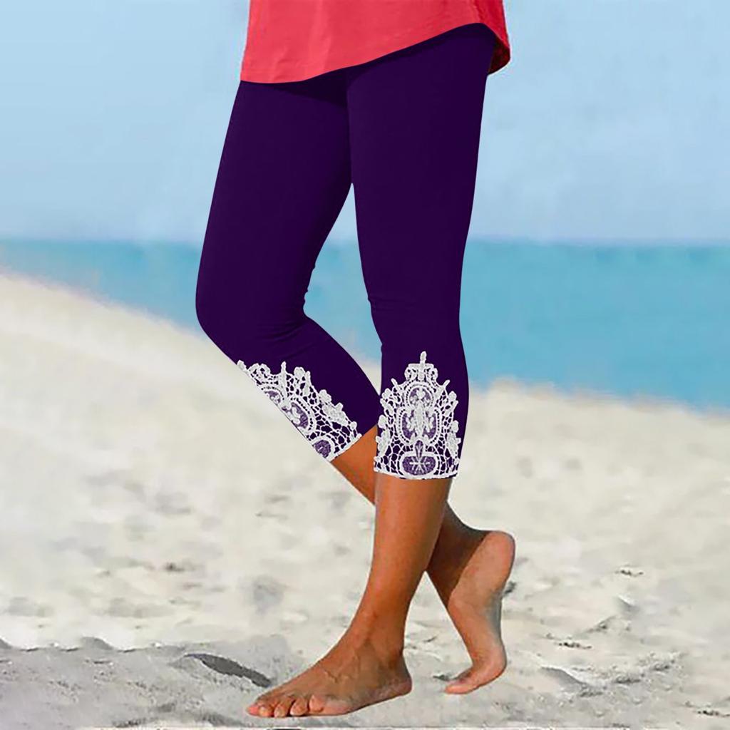 Брюки для женщин, эластичные кружевные леггинсы длиной 3/4, повседневные спортивные штаны для бега, тренировки, йоги