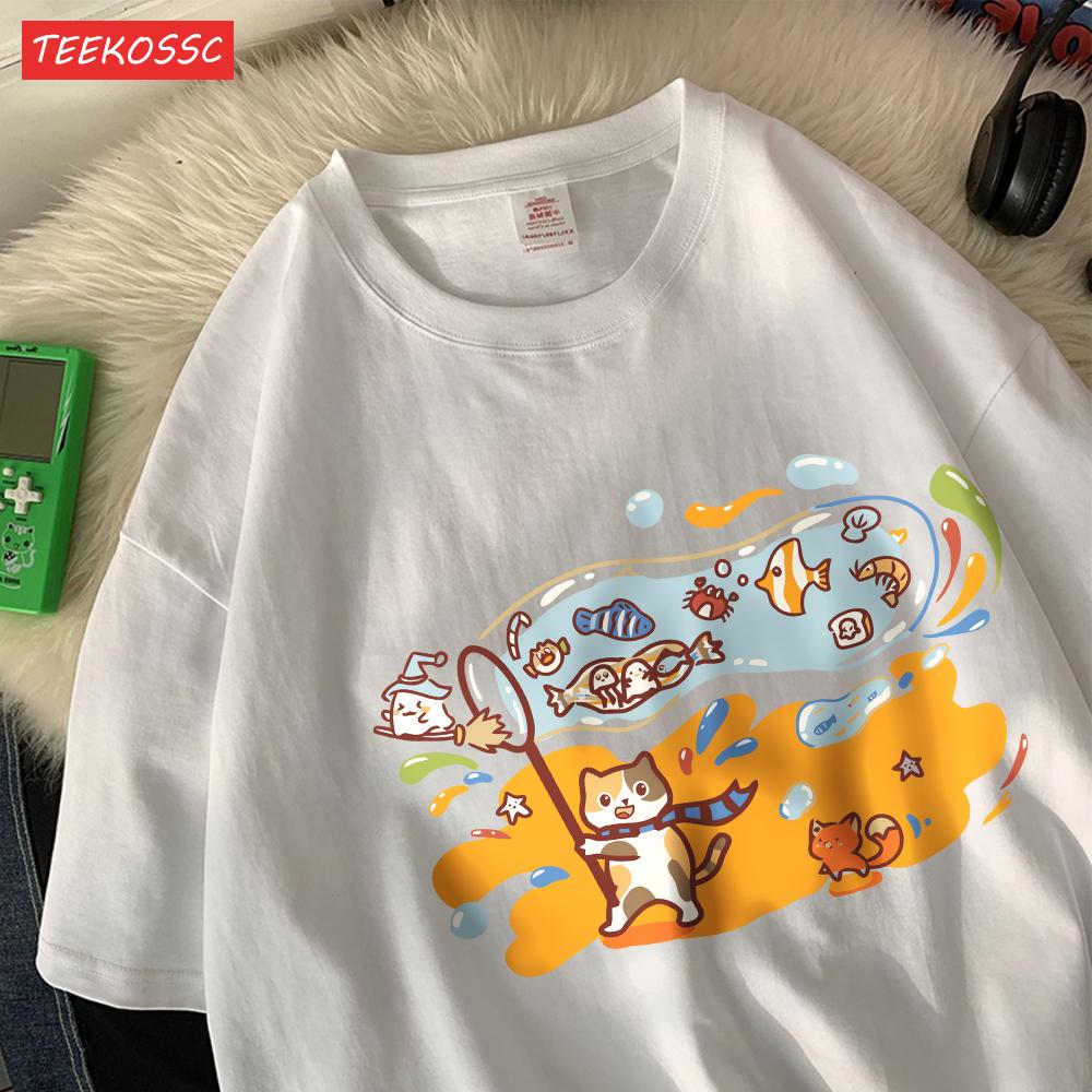 Small Fish In The Huge Bubblecotton Women TShirts Cartoons Printed Tops ONeck Soft Oversized T Shirt Summer Casual Clothes
