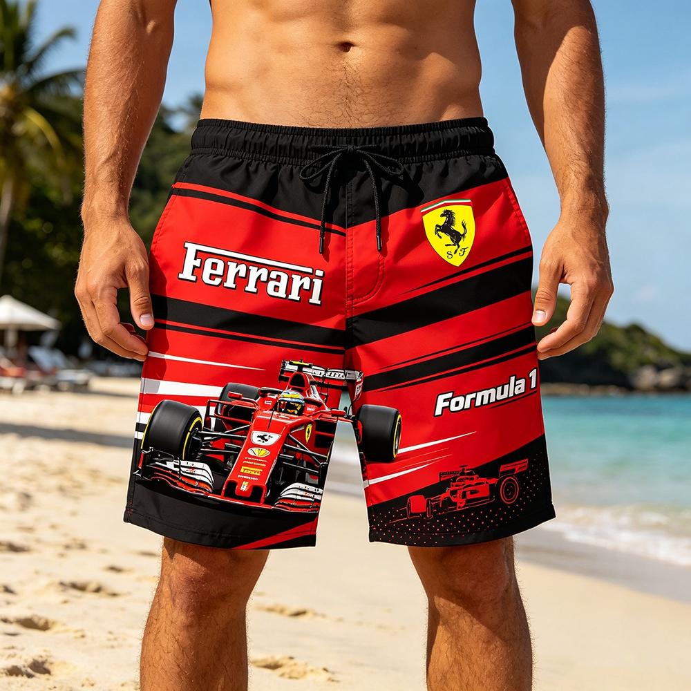 2026 Пляжные шорты Ferrari Racing Print Быстросохнущие Летние Спортивные Board Shorts На шнурке