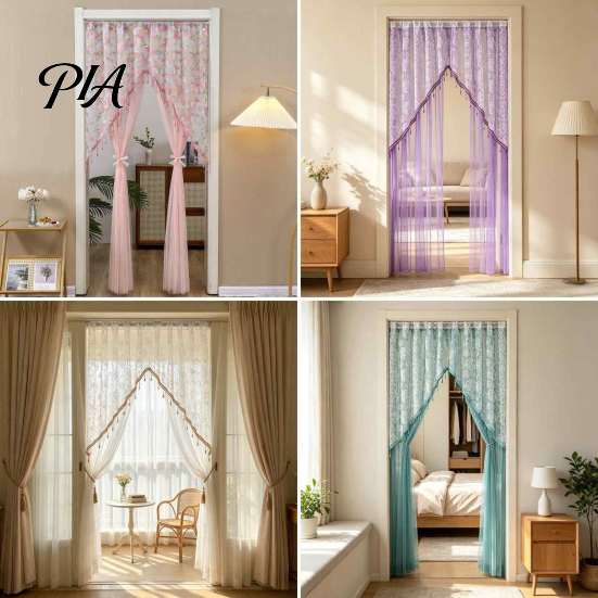 Bedroom Partition Curtains Sheer Floral Door Curtain with Beads, Lace Embroidered Gauze Room Translucent Privacy Panel Divider, Rod Pocket Doorway for