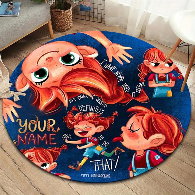 Pippi Longstocking Custom Name Round Area Rug,Carpet Rug for Living Room Bedroom Sofa Playroom Decor,Non-slip Floor Mat