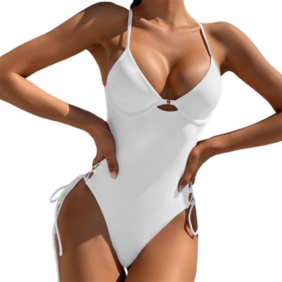 Women Swimsuit Solid Color One Piece Beachwear Padded Underwire Drawstring Swimwear Swimming