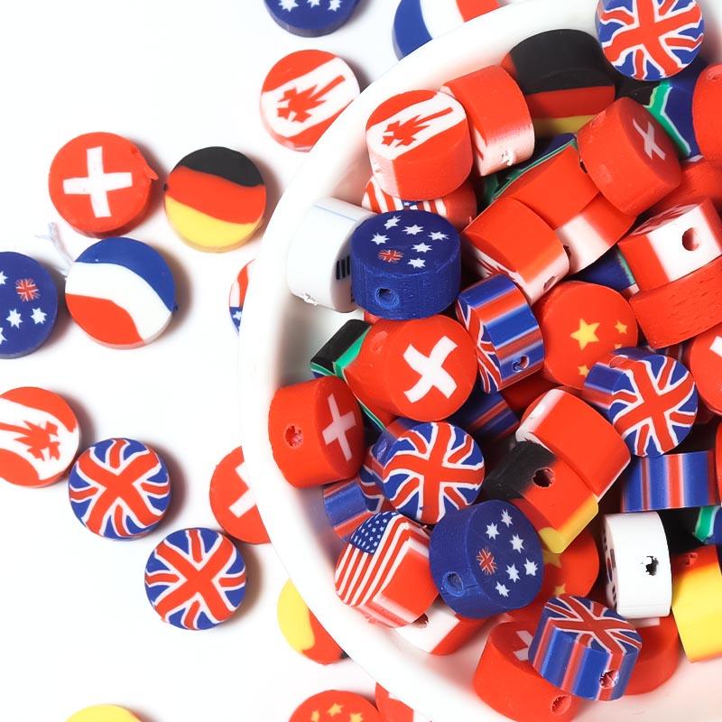 50Pcs 9mm Polymer Clay Flat Round Beads National Flag Loose Spacer Beads For DIY Handmade Bracelets Earrings Making Accessories