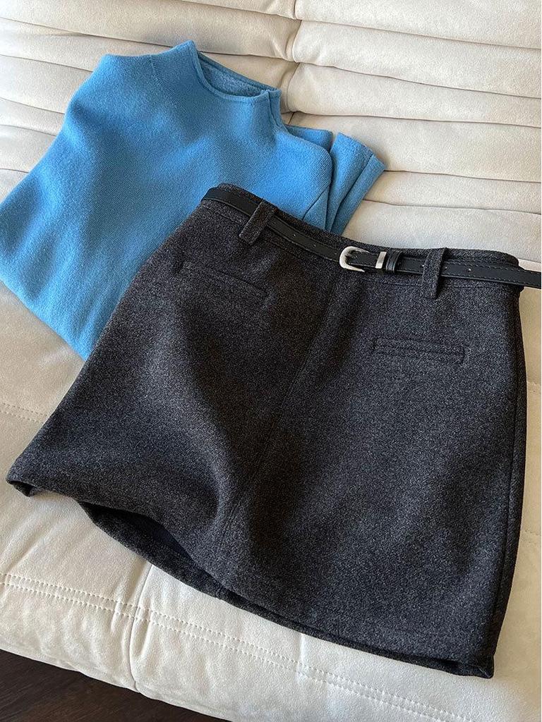 Юбка миди А-силуэта Luxi Retro High-End из шерсти - Женская 2025 Зимняя Приталенная Мини-юбка Бодикон на флисовой подкладке