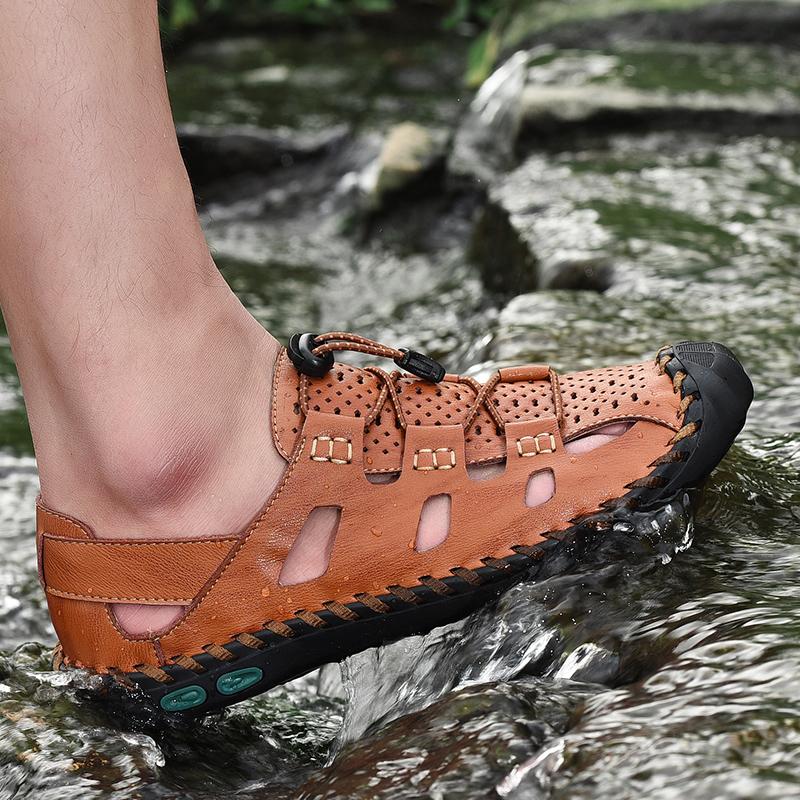 Сшитые вручную летние мужские сандалии Дышащие уличные мужские пляжные сандалии