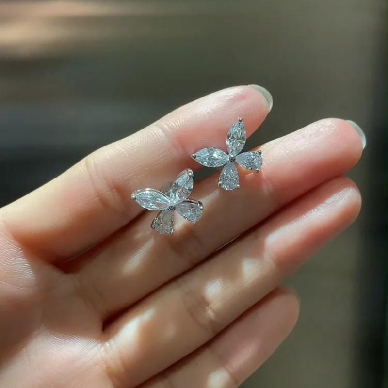 Huitan Crystal Butterfly Shaped Stud Earrings for Women Silver Color Dainty Female Ear Accessories Party Wedding Bridal Jewelry