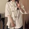 Летняя новая рубашка в китайском стиле для женщин, свободная, тонкая, модная, универсальная, однотонная, с бантом, с короткими рукавами, женские блузки с отложным воротником