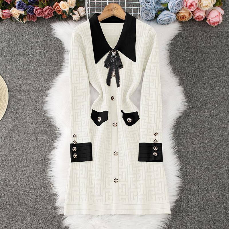 Autumn Winter Women Elegant Polo Collar Designer Print Bowtie Knitted Sweater Office Party Slim Bodycon Sheath Dresses
