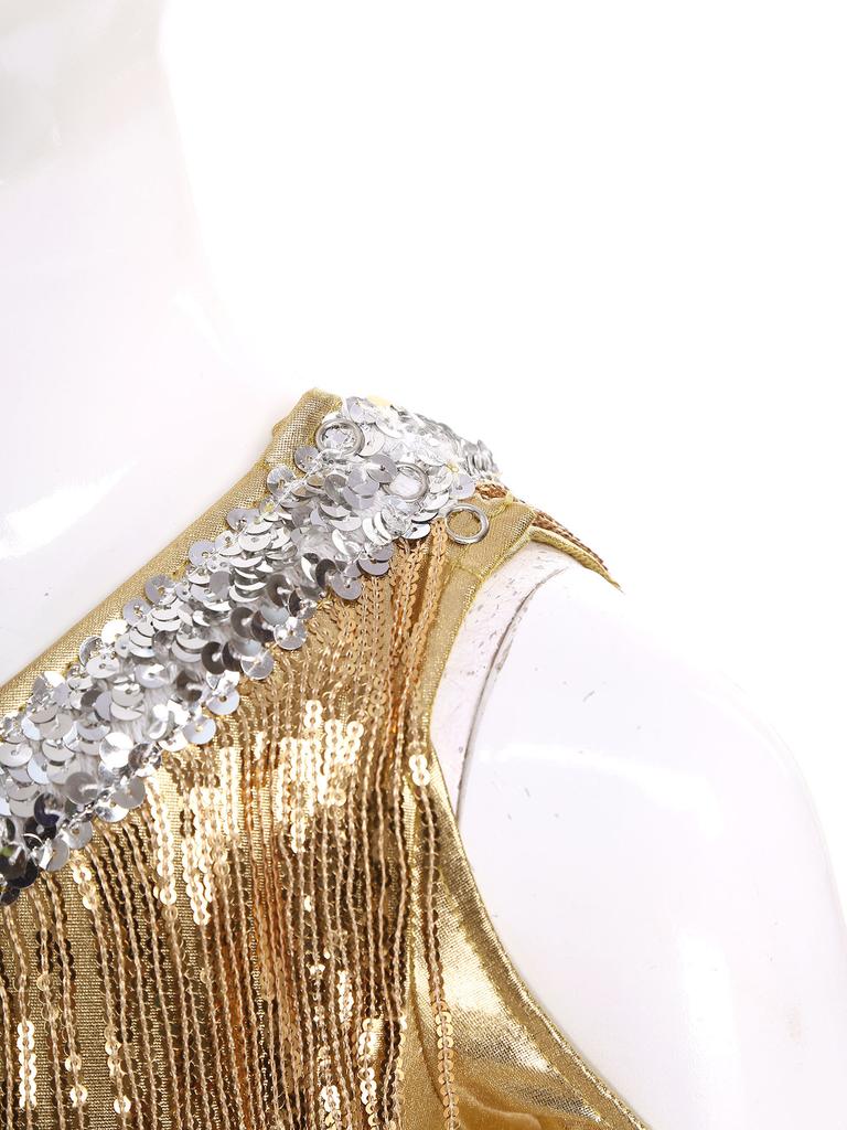 Девочки: Комбинезон для конкурса и сцены: Металлический блестящий комбинезон с открытыми плечами, с пайеточными кисточками и расклешенными штанинами для диско