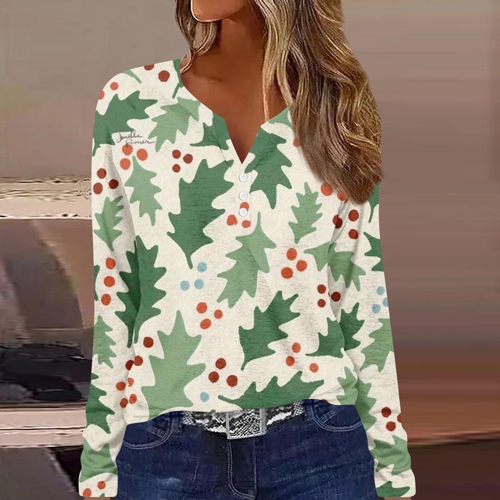 Женская мода повседневная цветочная рождественская печать V-образный вырез с длинными рукавами на пуговицах с длинными рукавами топ