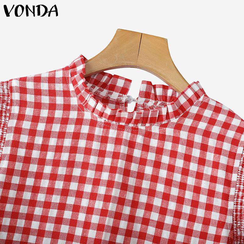 VONDA Summer Women Ruffled Sleeveless Plaid Check Print Casual Tank Tops