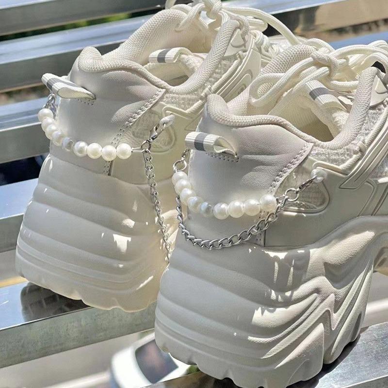 Кроссовки на платформе с жемчужной цепочкой, белые туфли Buffalo, женские, винтажные, массивные, спортивные, вулканизированные, кавайные, корейские, повседневные, теннисные, женские, новые