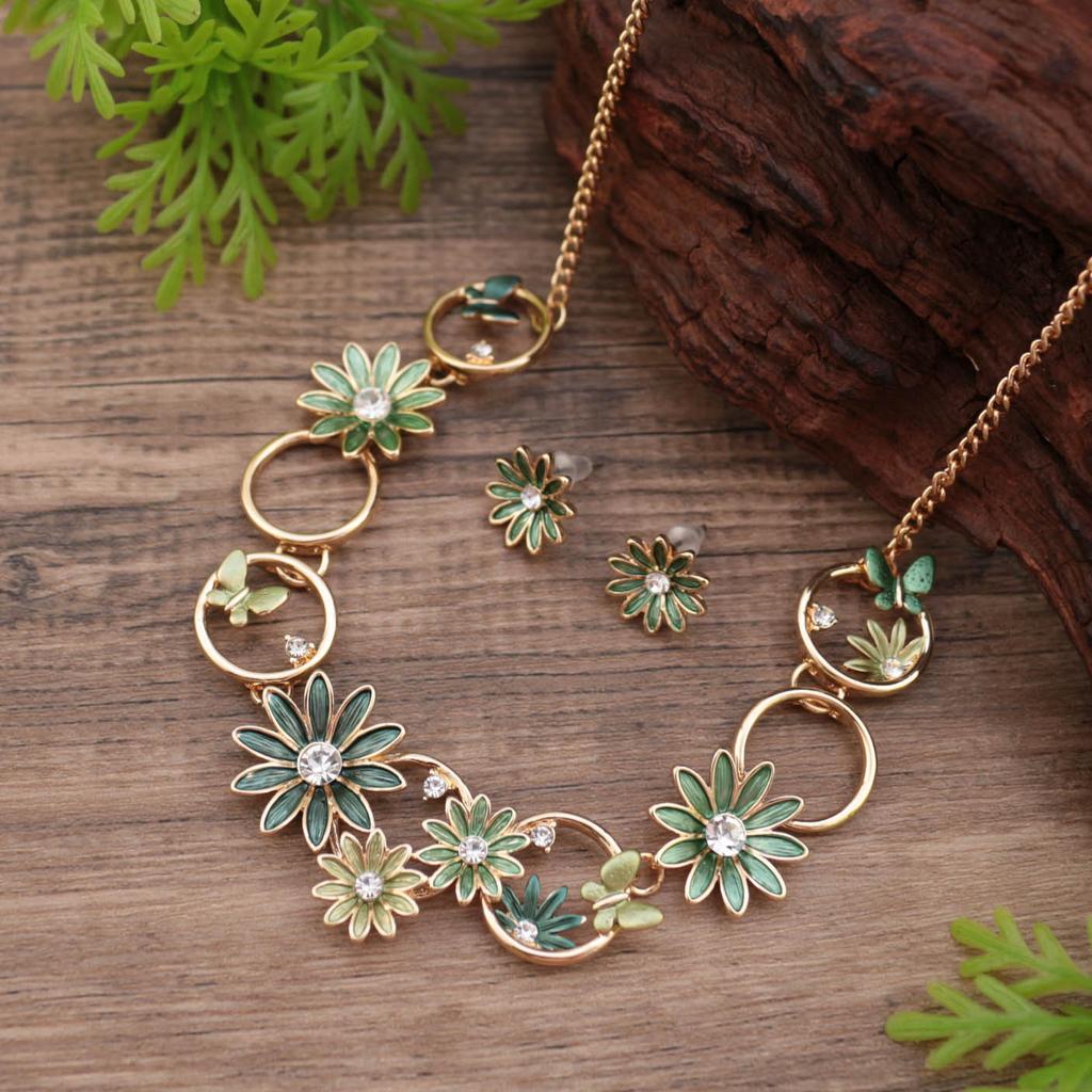 Новый эмалевый цвет маленький набор серег-пусетов и колье с ромашками, женские серьги-пусеты с бриллиантами в виде цветов и колье с высоким чувством стиля