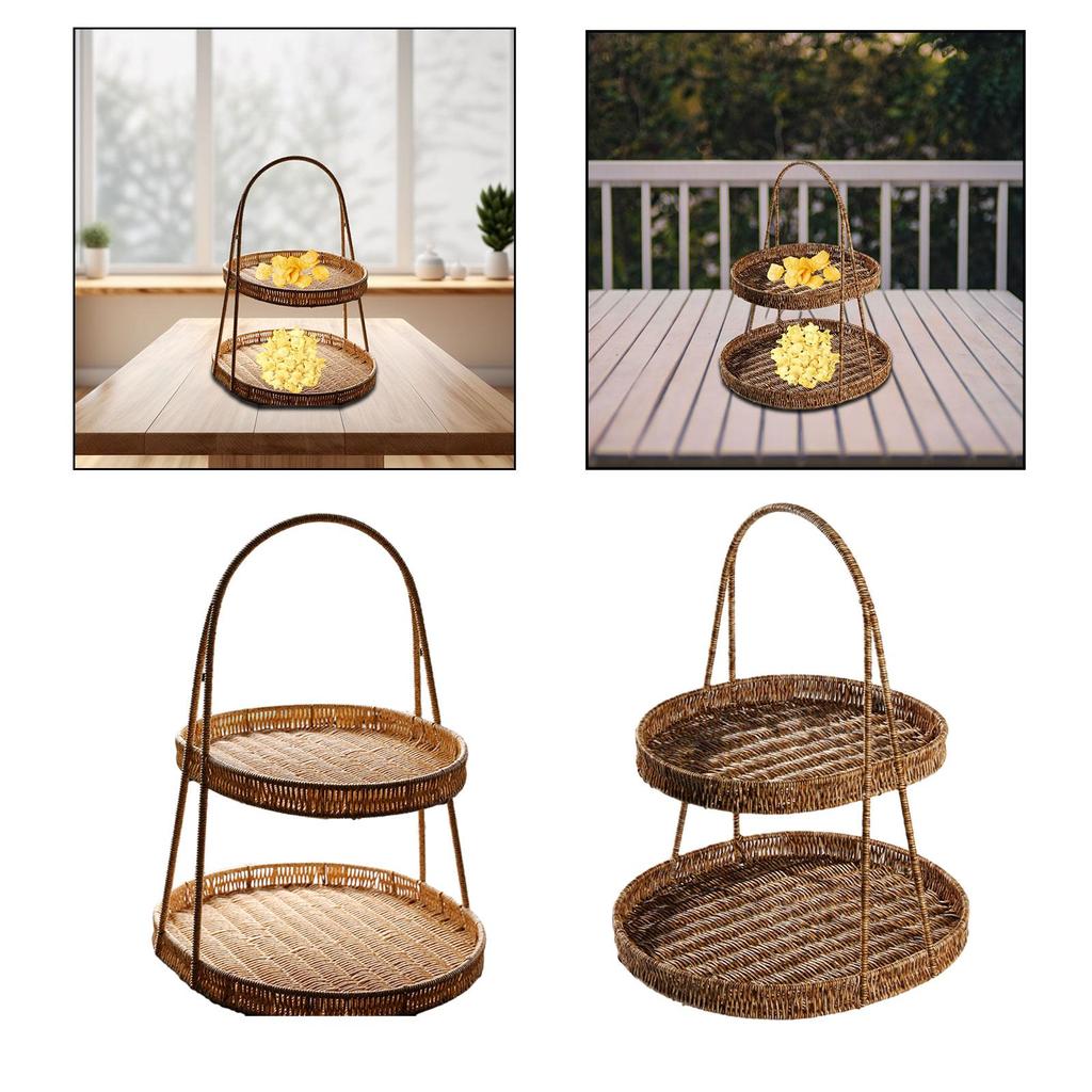 Fruit Basket Tray 2 Tier Weaving Basket Rack for Birthday Holiday Party