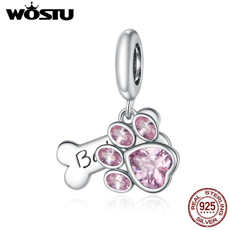 WOSTU Real 925 Sterling Silver Dog Paw Footprint Bead Pink Zircon Bone Charm Fit Original Bracelet Pendant Jewelry