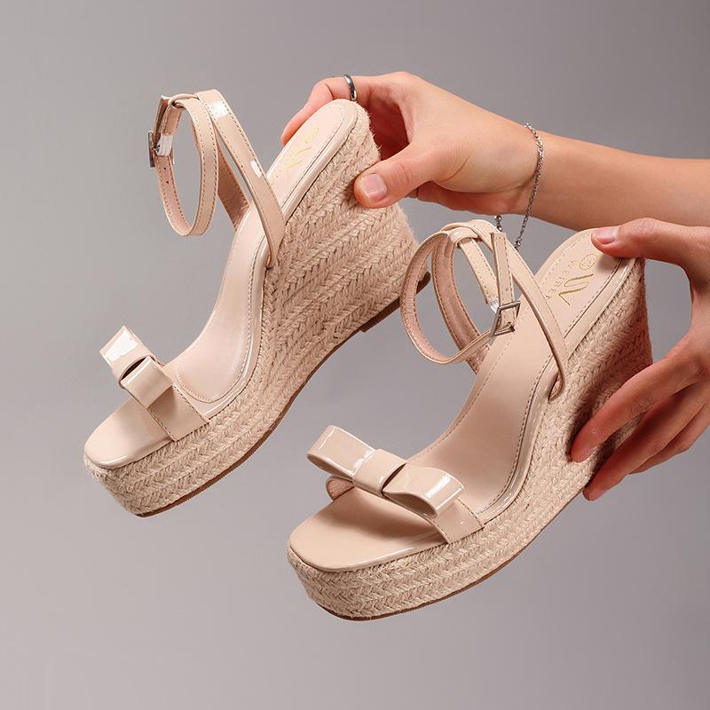 Модные сандалии на танкетке из пеньковой веревки с бантом, летние повседневные шлепанцы на высоком каблуке для отпуска, платформа на высоком каблуке