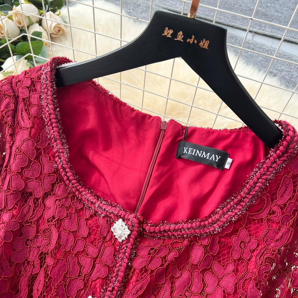 Платье высокого класса для женщин на осень, французская мода, кружевное, с длинными рукавами, пэчворк, с акцентом на талии, плиссированное длинное платье