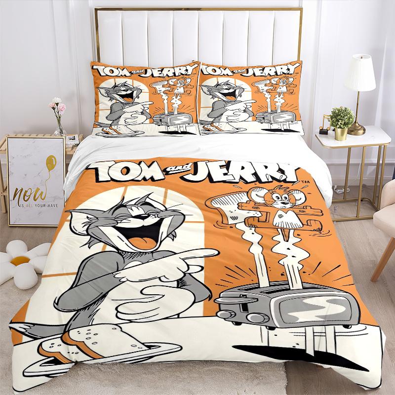 3pcs Happy Tom & Jerry Printed Bedding Set, Soft and Comfortable Quilt Cover for Bedroom, Guest Room (1 Duvet Cover + 2 Pillowcases, Pillow Core Not I