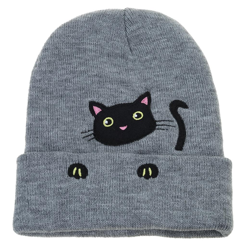 Knit Skull Hat with Embroidered Lovely Kitten Hat Knit Caps for Unisex Pullover Cartoon Hat Embroidered Skull Caps