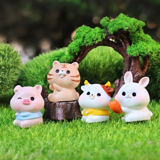 Tiny Resin Animals Figurine Mini Tiger Cat Bunny Cow Miniature Statue for Dollhouse Fairy Garden Terrariums Plant Pot Ornaments Cake Topper