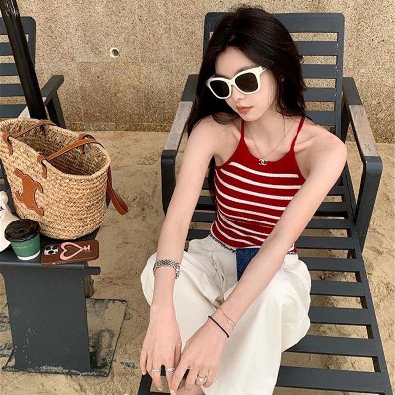 Black Striped Knitted Camisole Tank Top Women's Spring Summer Inner Wear Hot Girl Sexy Backless Outerwear Short Base Layer Top