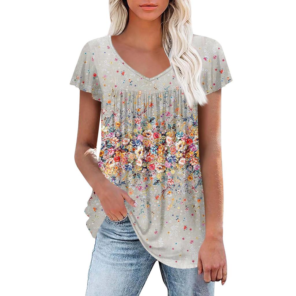 Женские туники, элегантные повседневные летние рубашки с коротким рукавом, цветочные свободные плиссированные топы в стиле бохо
