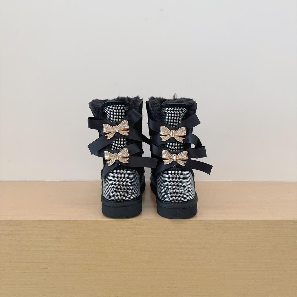 Winter Women Bow Fashion Rhinestone Mid-Calf Snow Boots New Design Genuine Cow Suede Leather Lady Long Boots Classic Warm Shoes