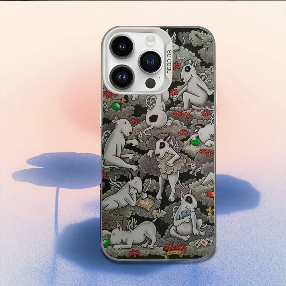 Забавный чехол для телефона с собакой Бультерьер для iPhone 16,15,14,13,12,11,Mini,Pro,E,MAX Белый Конфетный Матовый Ударопрочный Чехол