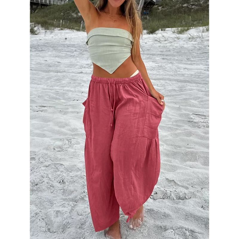 Летние женские брюки с эластичной резинкой на талии, плиссированные широкие брюки с высокой талией, свободные повседневные брюки