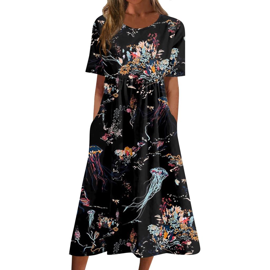 Women's Casual Dresses Printed Dresses Summer Dresses Printed Pleated Round Neck Midi Dresses Basic Classic Outdoor Daily Short Sleeve Loose Dresses