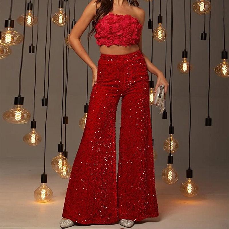 Women Sequin Pants Sparkly Glitter High Waist Shiny Bottoms Casual Fashion Club Party Trousers Holiday Outfits
